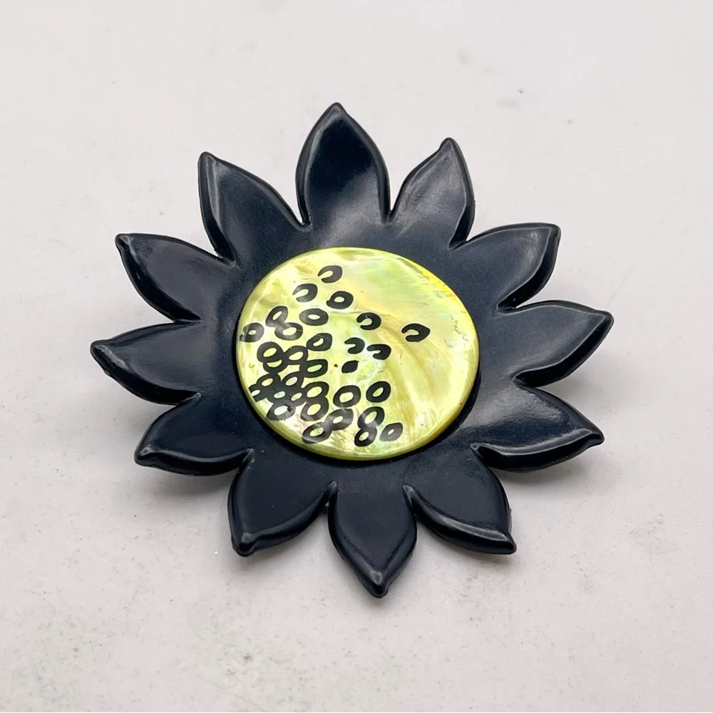 Vintage Artisan Resin Sunflower Brooch Black and Abalone Lime Green Handpainted